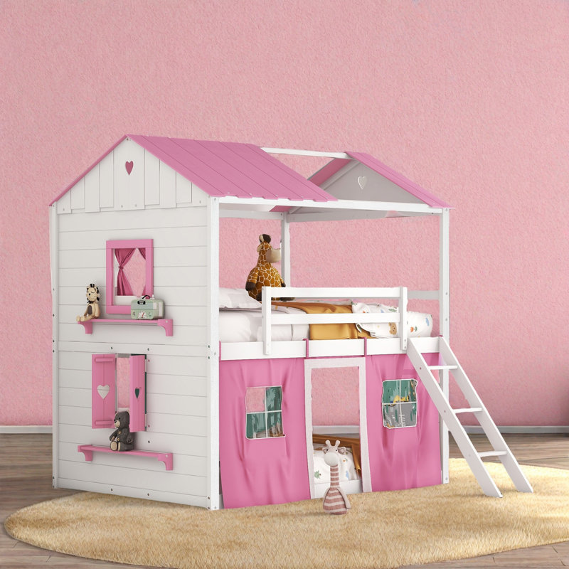 Lit superposé style maison basse avec toit, Simple , Blanc / rose