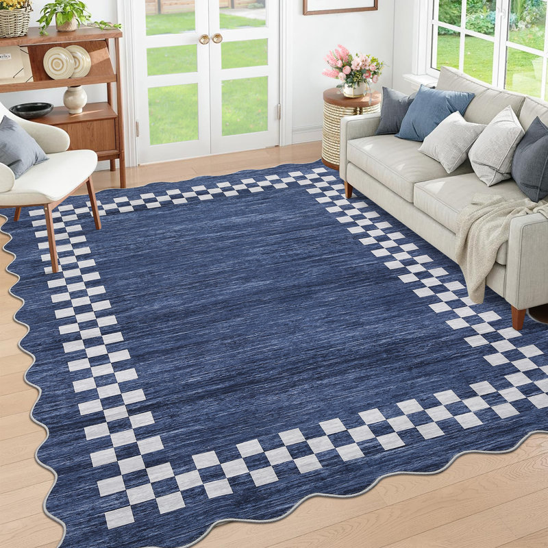 Scalloped Area Rugs Modern Bordered Accent Carpet,Non-Slip Floor Cover,Stain-Resistant Indoor Mat for Bedroom,Kitchen,Living Room