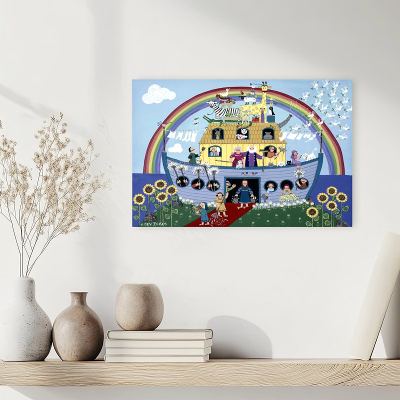 Noah'S Ark Rainbow Colorful Playful Whimsical Bird Sunflower Ocean Landscape Wall Art Print 1 Piece Wrapped Canvas Wall Art