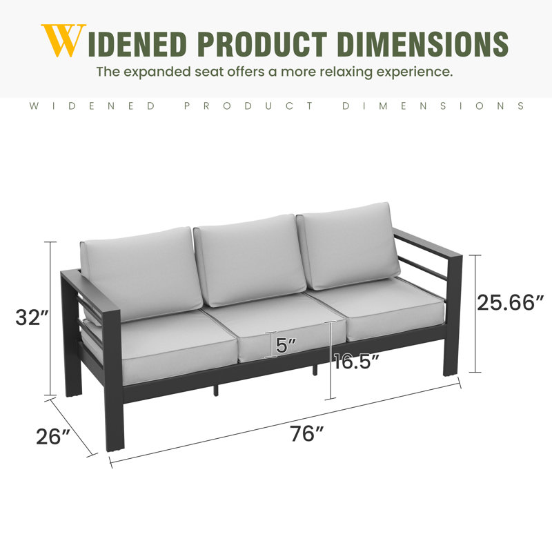 3-Person Aluminum Sofa With Cushion, Light Gray, Charcoal Gray