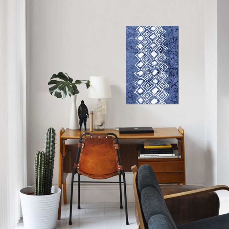 " Primitive Indigo Patterns IV " by Renée Stramel, 26" H x 18" W x 1.5" D, Black Framed Canvas, No Matte
