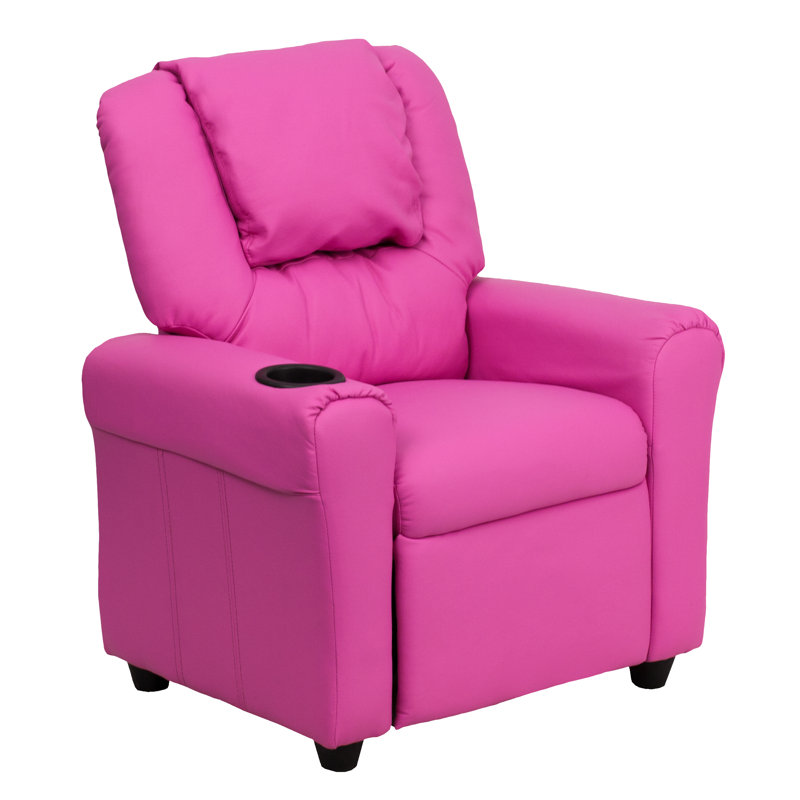 Forman LeatherSoft Contemporary Kids Recliner with Cup Holder and Headrest, Hot Pink