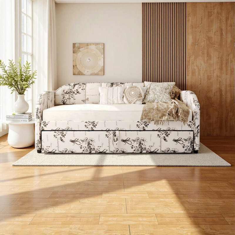 Twin Size Upholstered Daybed with Pop-Up Trundle & USB Charging Ports, Botanical Print – Stylish & Space-Saving Bed for Guest Room, Bedroom, or Living Space
