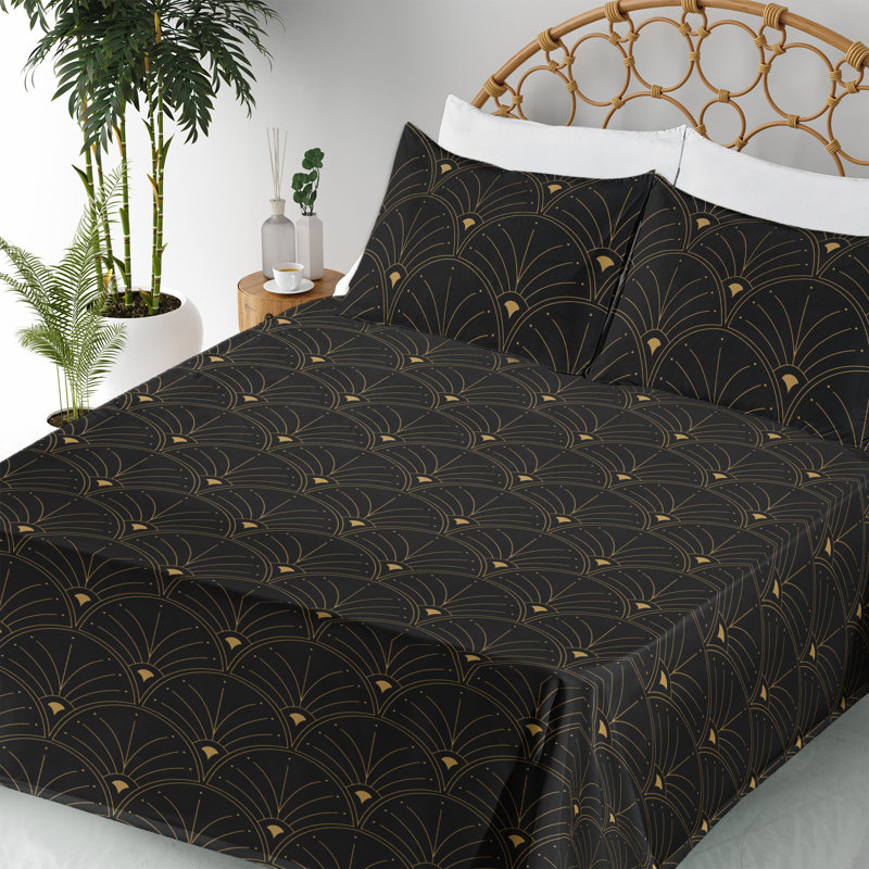 Microfiber Sheet Set, Full Sheet Set with 2 Pillowcases, Black/Sand Brown Geometric