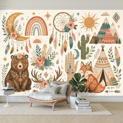 Wall Mural Peel and Stick Wallpaper Tribal kids set elements Boho teepee rainbow arrow moon sun boho Self-Adhesive Removable Contact Paper Wall Decor for Living Room Bedroom 100"H x 144"W