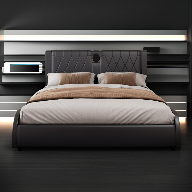 Smart Bed with Bluetooth Speakers & RGB Lights - Faux Leather Platform Bed, Thickened Headboard, No Box Spring Needed, Black