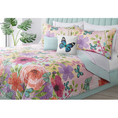 Ensemble de courtepointe en microfibre rose / bleu / vert 
