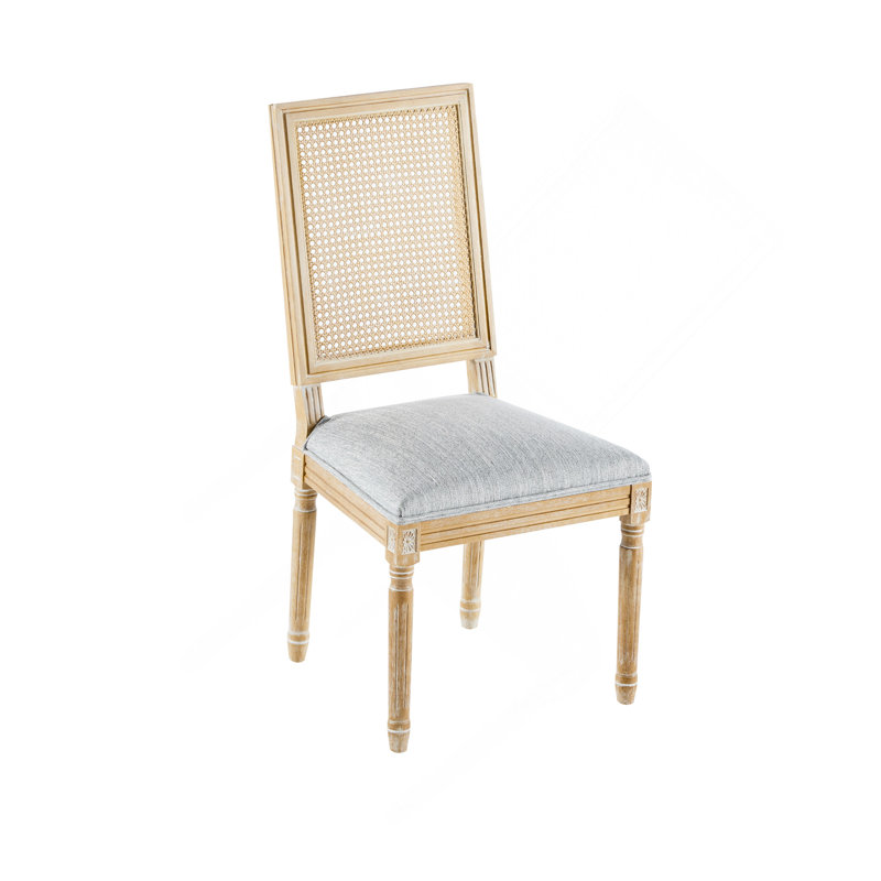 [Ensemble de 2] Chaises de salle à manger French Country - Dossier élégant en canne et sièges rembourrés avec pieds cannelés - Finition patinée - Structure en bois d'hévéa massif
