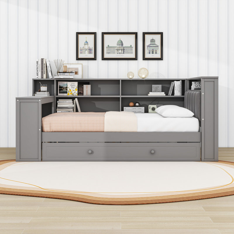 Wood Platform Bed with Twin Trundle, Desk, Shelves, LED Light and Charging Station, Gray, Full/Double