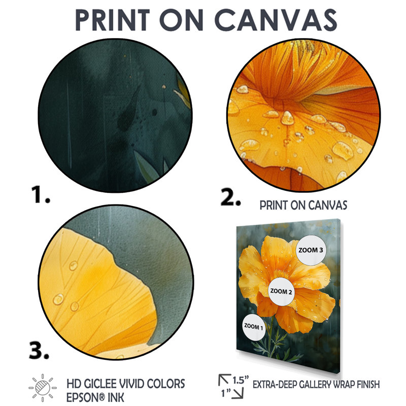 «Yellow Green Morning Dew Marigold», reproduction d'art murale souci, Cadre flottant brun, bois massif, H 16 po x l 32 po