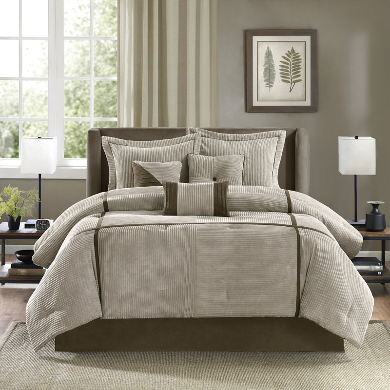 Dallas 7 Piece Micro Corduroy Comforter Set, Beige, King Comforter + 6 Additional Pieces