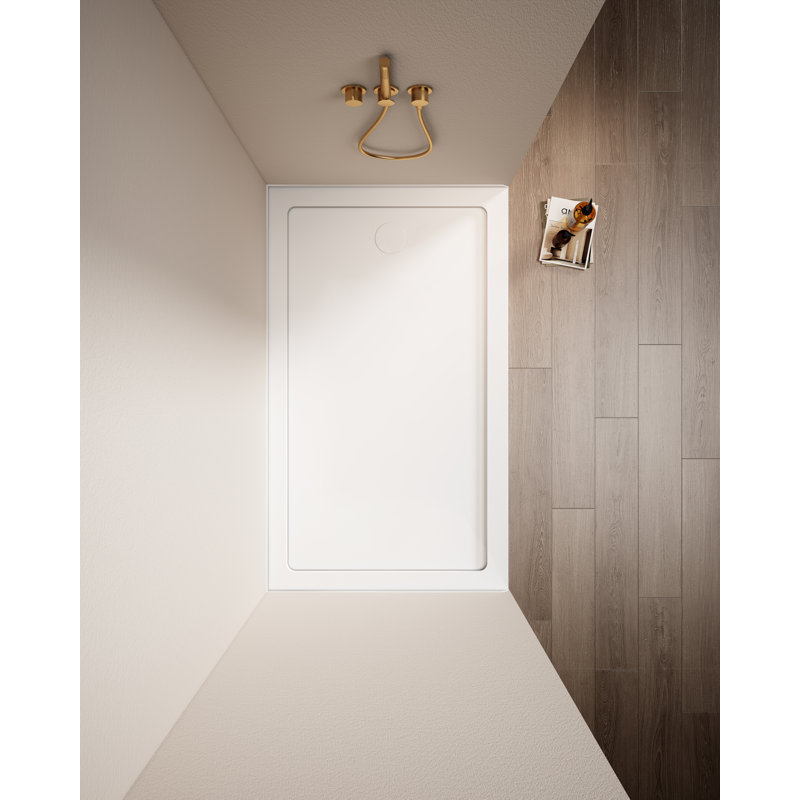 Base de douche rectangulaire 60 po x 36 po, conception à seuil simple en acrylique blanc avec drain central, surface antidérapante