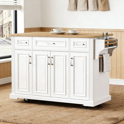 54inch Large Kitchen Island with Rubber Wood Drop Leaf, Embossed Texture Rolling Kitchen Cart on 4 Wheels with 4 Doors and 3 Drawers