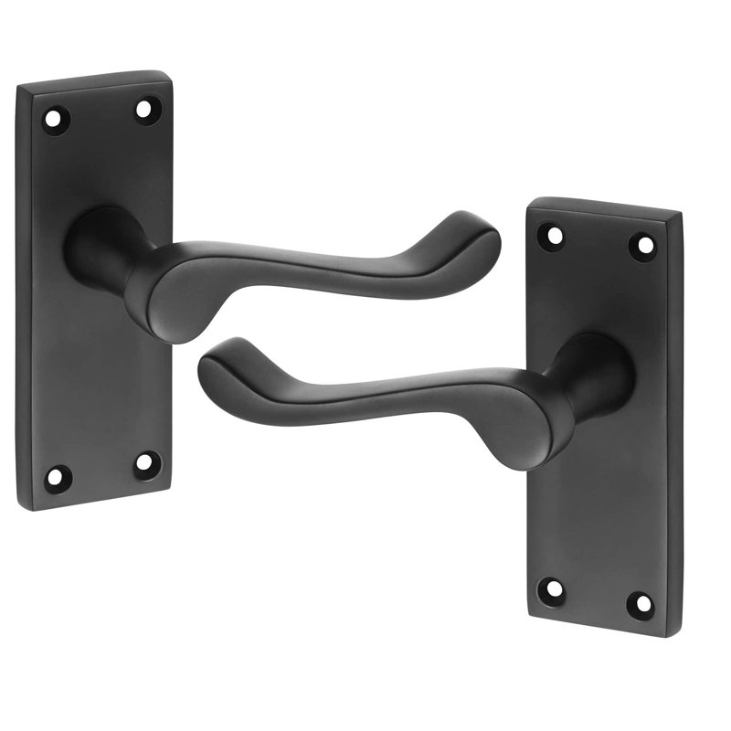  6 Pack Premium Victorian Scroll Door Handles with Latch Pack Set in Matt Black Finish - 120mm x 40mm Backplate