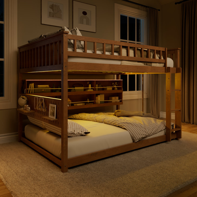 Full over Full Bunk Bed with Integrated Shelving, Color-Changing Lights and Pegboard, Brown, Brown