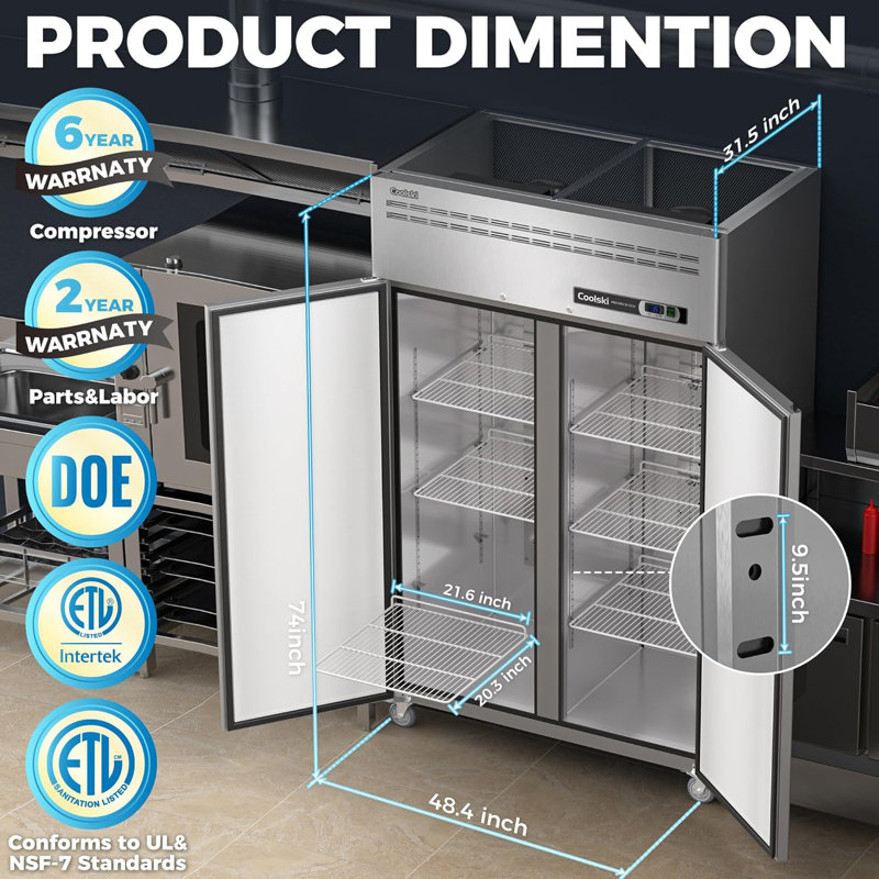 48" 36 Cu. Ft. Auto/Cycle Defrost 2-Door Commercial Upright Freezer - Stainless Steel (ETL DOE Approved)