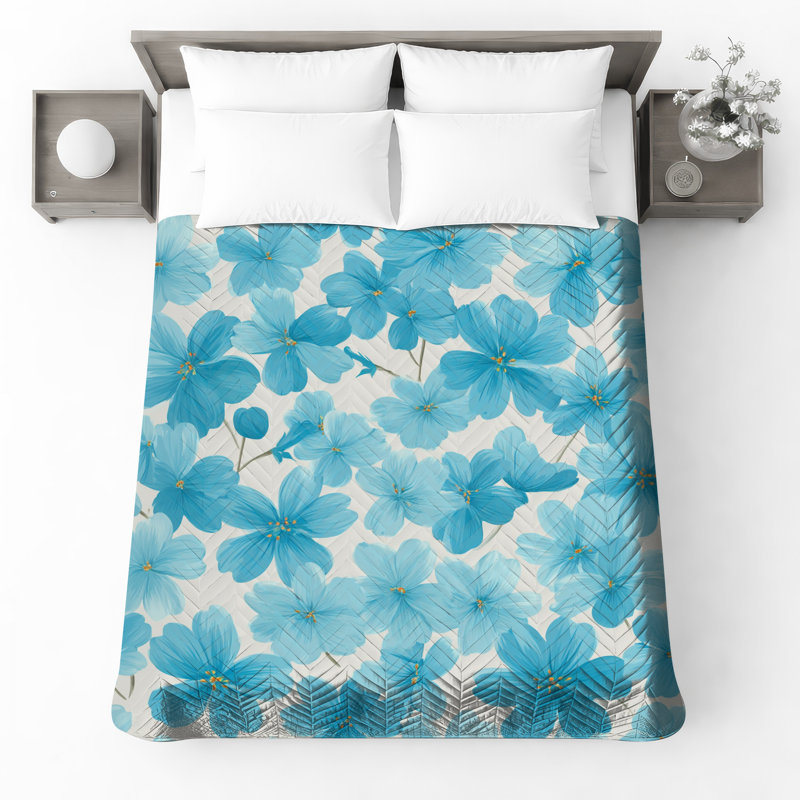 Couvre-lit matelassé bleu à motif floral, Grand lit