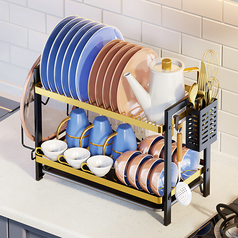 Over Sink Dish Drying Rack With Utensil Holder And Drainboard, Kitchen Countertop Organizer For Plates Bowls Cups And Cutlery