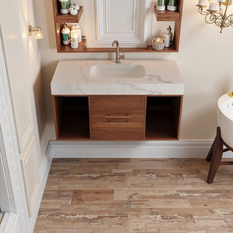 Meuble-lavabo flottant 39,4 po avec lavabo en céramique et plateau en pierre frittée avec 2 tiroirs, Brun