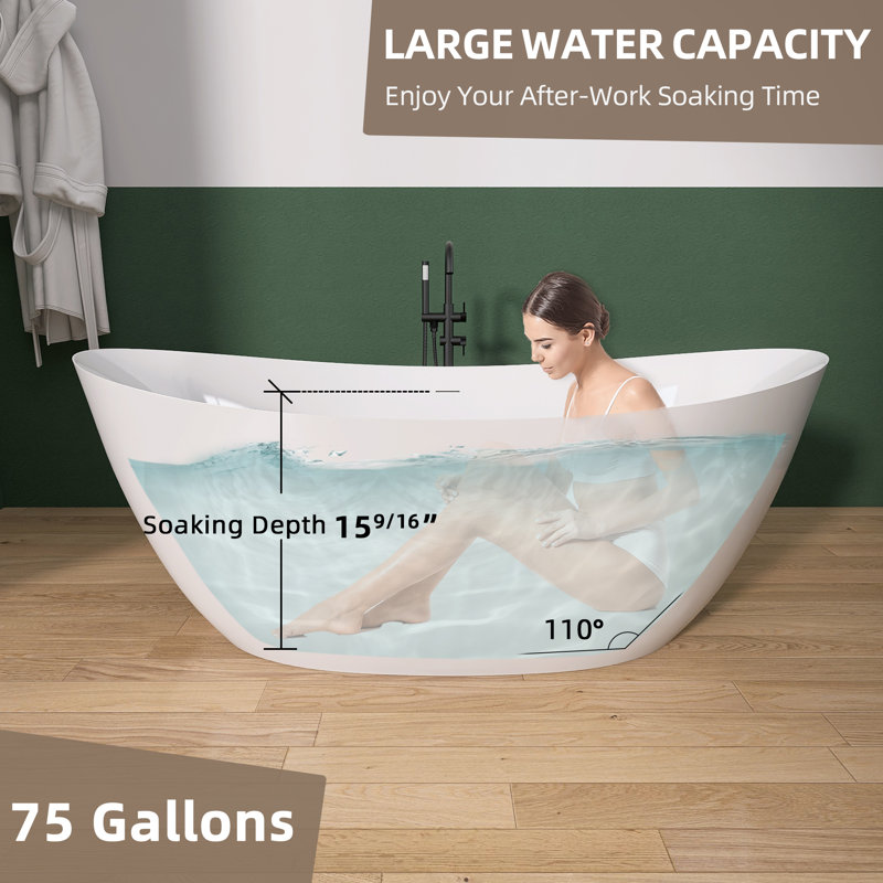 69" x 33" Acrylic Freestanding Soaking Bathtub with Overflow and Drain