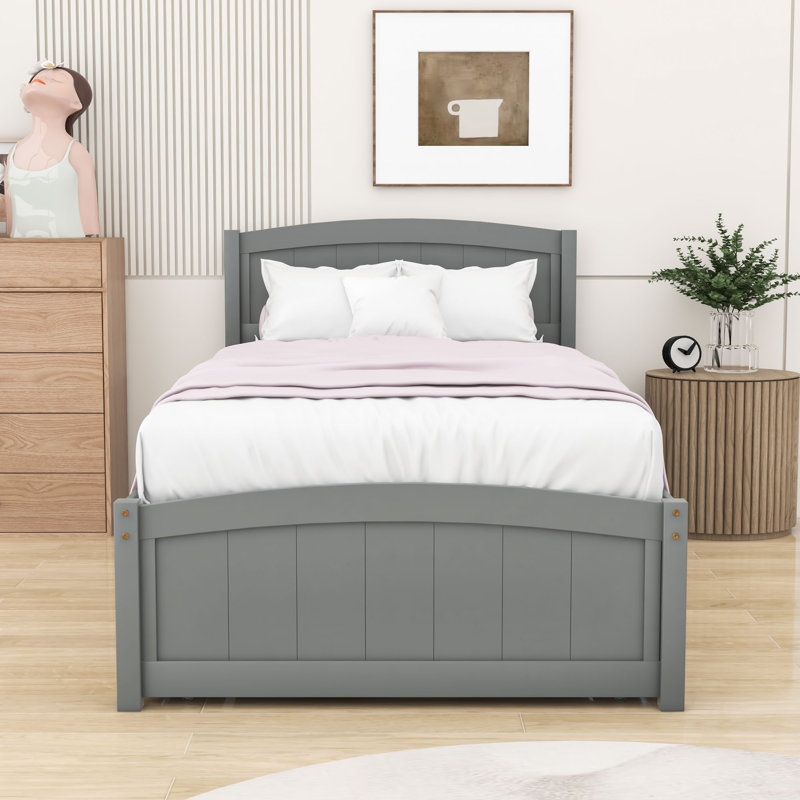 Lit plateforme simple en bois avec lit gigogne et tête de lit, Gris