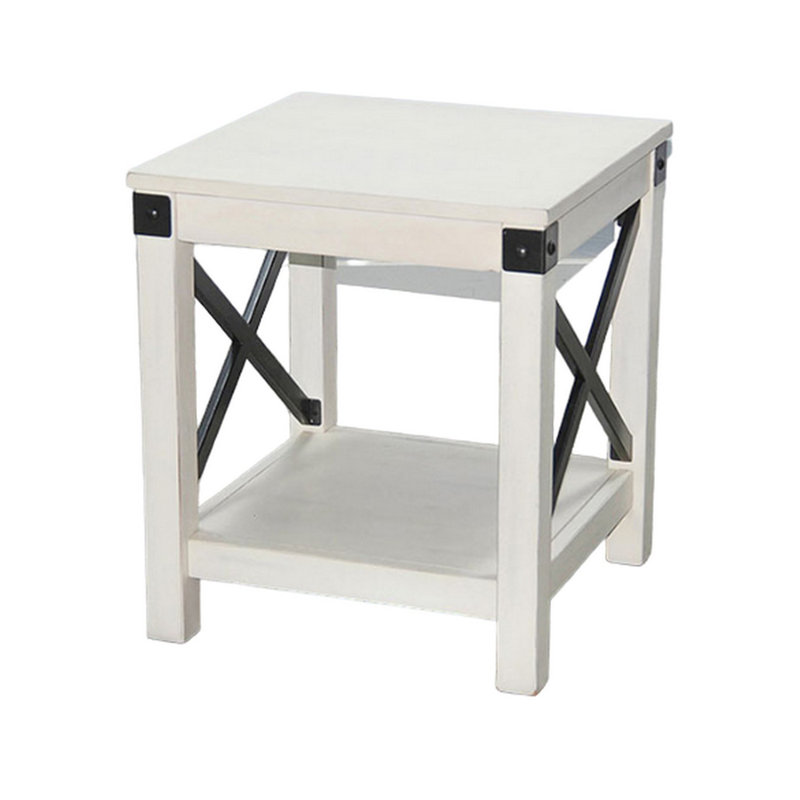 Table de bout latérale Sime avec tablette, panneau en X, bois carré blanc cassé de 20 pouces