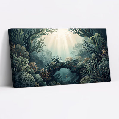 Art mural sur toile bleu sarcelle et récif corail avec rayons de soleil