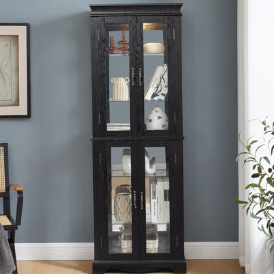 Lighted Glass Curio Display Cabinet With Wood Frame For Versatile Storage Of Wine, Toys And Collectibles In Living Room, Kitchen And Pantry