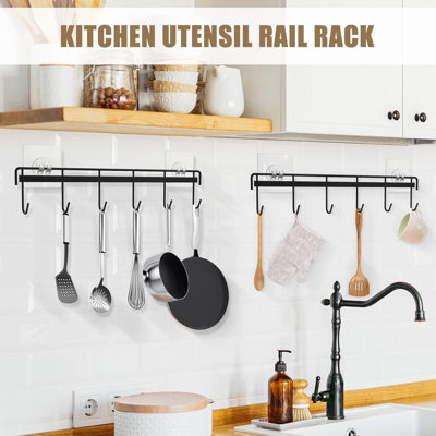 Kitchen Utensil Hanger, Adhesive Utensil Holder, Black, 2 Pcs | Waterproof and Rustproof, Polished Finish, No Drilling, 12 Hooks
