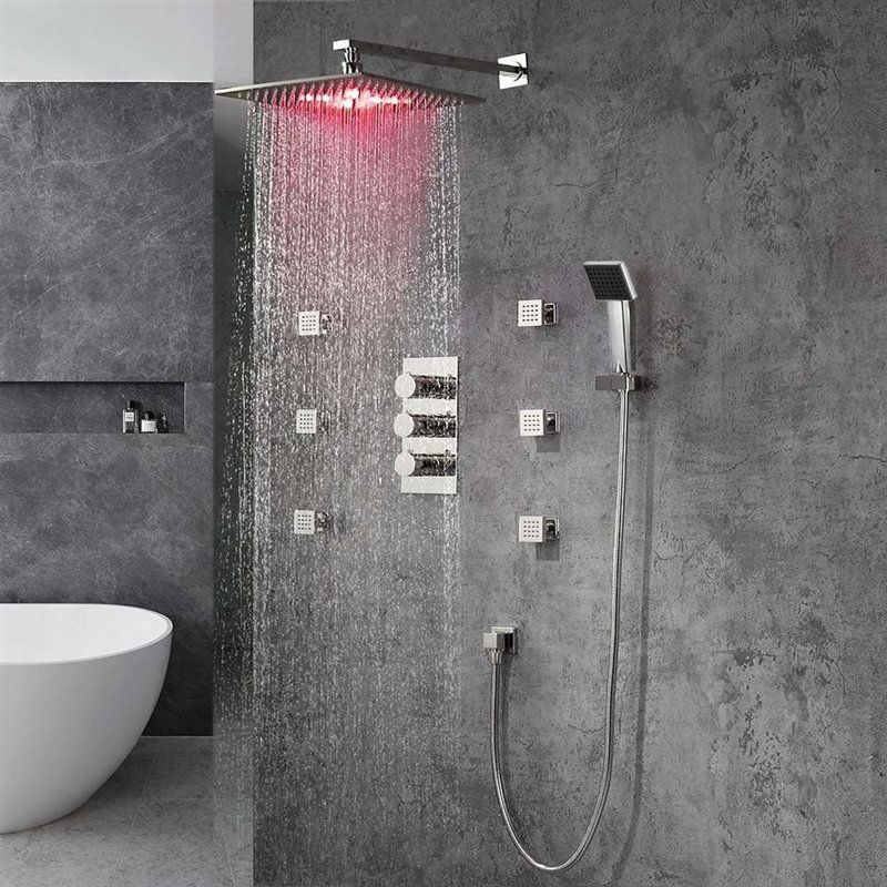 Système de douche à pluie à changement de couleur à DEL avec jets de corps et douche à main