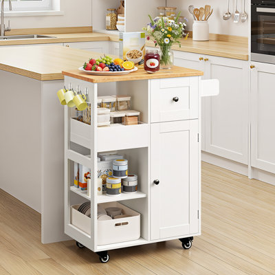 Modern Solid Wood Top Rolling Kitchen Cart, 3-Tier Storage with Drawer & Cabinet, Removable Tray, Locking Wheels, Towel Rack and Hooks, Freestanding Coffee Bar Cart for Kitchen, Living Room