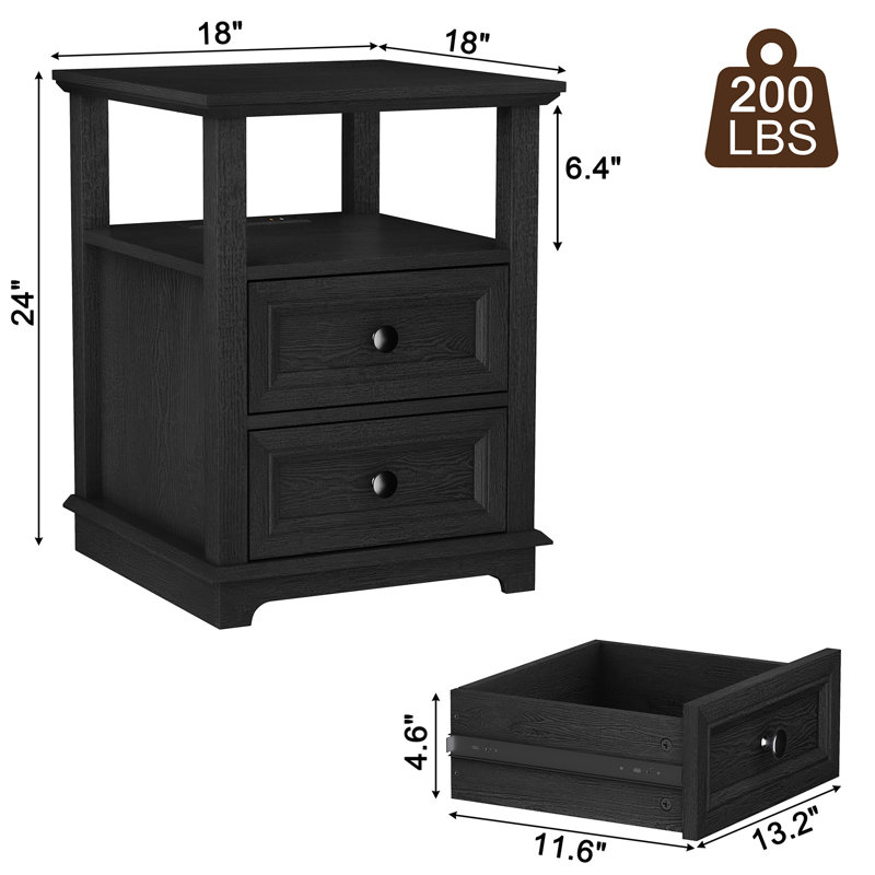 Chaky 2 - Drawer Nightstand with Storage and Built-In Outlets, Light Brown, Set of 2