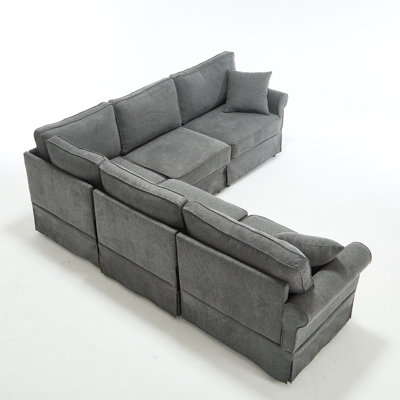 Canapé modulaire convertible d'angle modulaire en L réversible, canapé rembourré en lin doux à 5 places avec accoudoirs roulés, tissu gris foncé, nouvelle arrivée avec vidéo de soutien