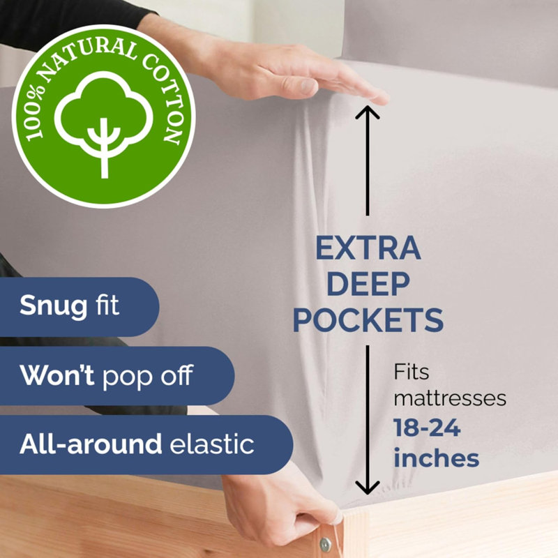 4 Piece 400 Thread Count Cotton Sheet Set – Extra Deep Pocket, Cooling, Breathable & Soft Bedding, Light Gray