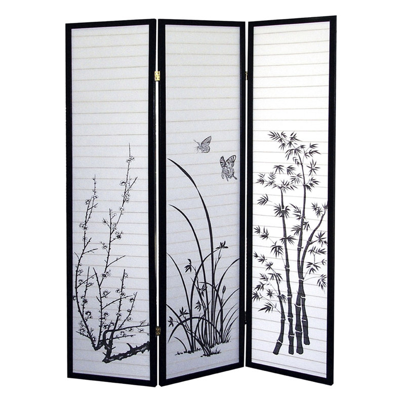 70" Tall 3-Panel Floral Privacy Screen Folding Partition, Black Finish | Gift Idea