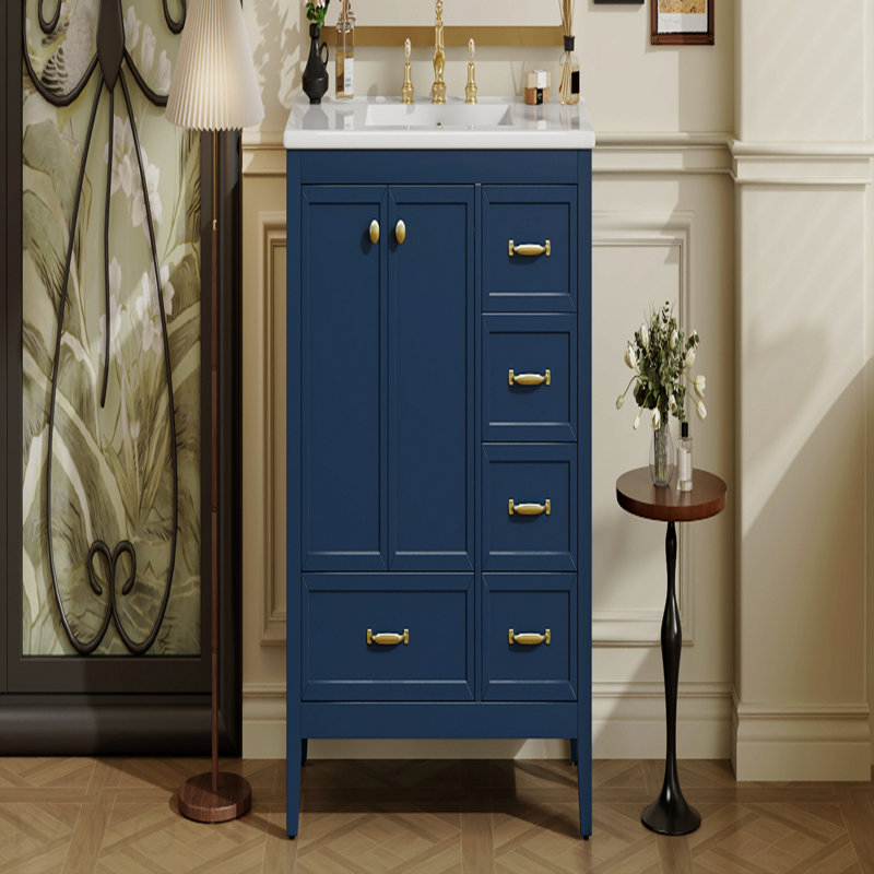 Meuble-lavabo 36 po avec lavabo, armoire de salle de bain avec porte à fermeture en douceur, 4 tiroirs de différentes tailles, structure et pied en bois massif, deux ensembles, bleu