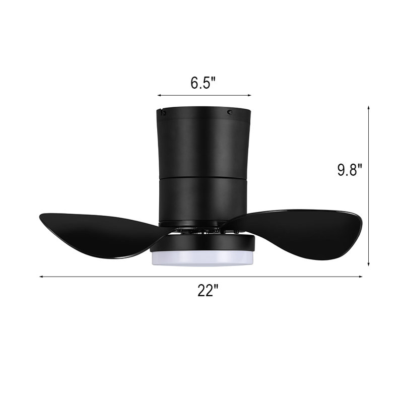 22''  3-ABS Blades Smart  indoor LED Ceiling Fan with Remote, Black, Black