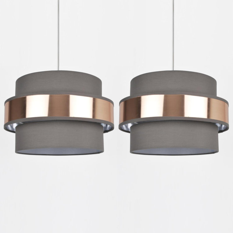 20cm H Cotton Drum Pendant Shade, Grey/Brushed Copper