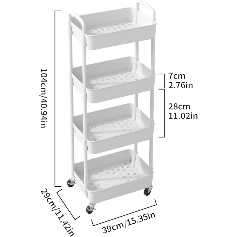 4-Tier Plastic Rolling Utility Cart with Handle, Multi-Functional Storage Trolley, Living Room, Kitchen, Movable Storage Organizer with Wheels