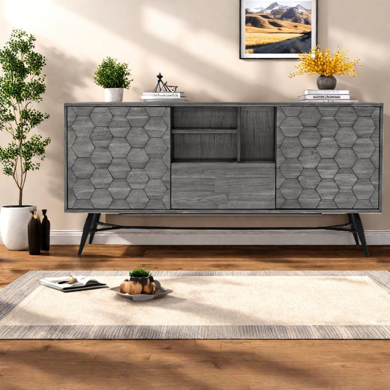 Buffets et buffets modernes en bois d'acacia gris avec rangement multifonctionnel