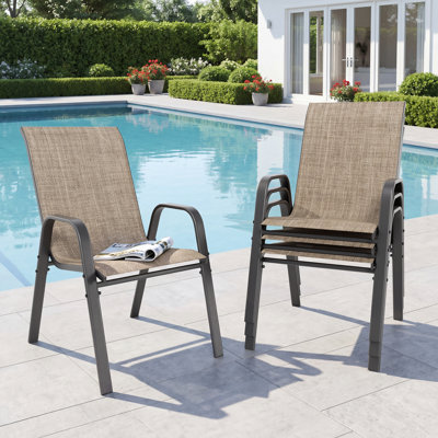 Patio Chairs Set of 4, Stackable Outdoor Dining Chairs for All Weather Textilene Fabric & Metal Frame, Outdoor Chairs Set for Backyard Deck Garden ,Brown