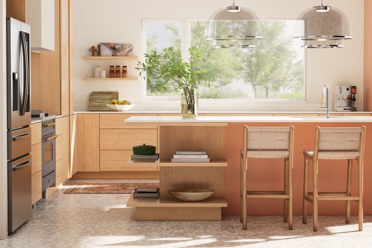 organic modern kitchen with woven leather bar stools, light wood cabinetry, and shiny chrome pendant lights