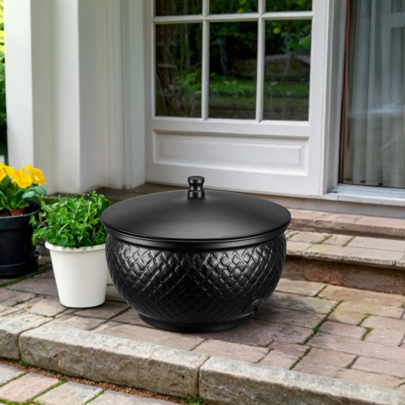 Porte-tuyau de jardin en métal gaufré à la main avec couvercle, noir, Noir