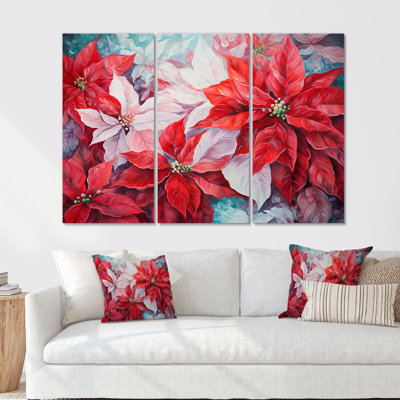 «Poinsettias White and Red Blossom I», ensemble d'art mural champ de fleurs