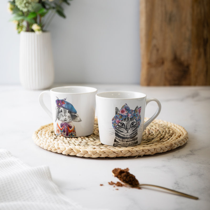 Mikasa TipperleyHill Fine China Mugs, Cat and Rabbit Print, Set of 2, 380ml