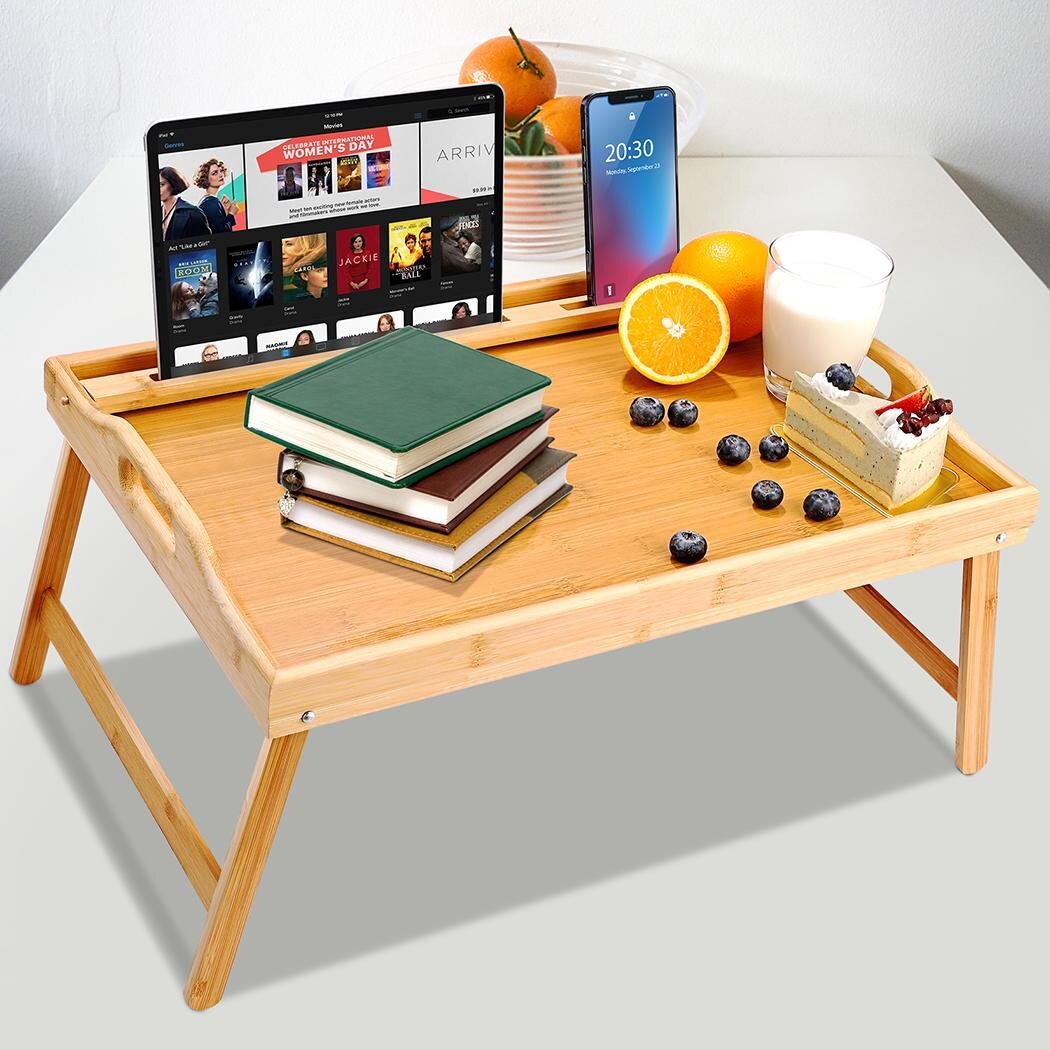 Bed Tray Table for Eating - Bamboo Breakfast Food Table with Phone Tablet  Holder - Adjustable Height Black
