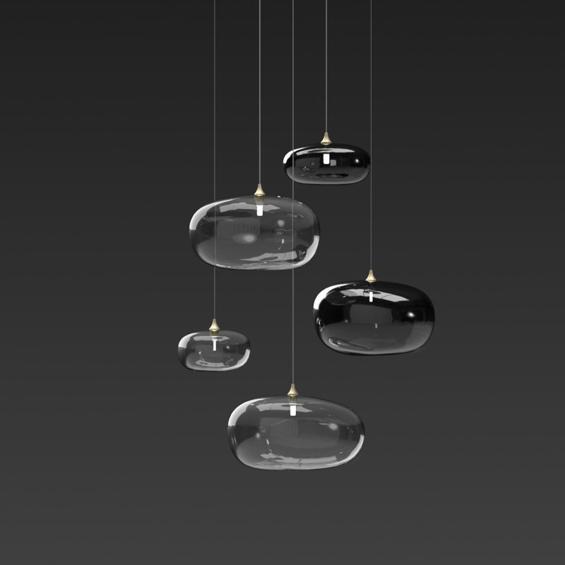 Kloud mix of 5 Pendant Lights, Black, 105", Clear/Grey