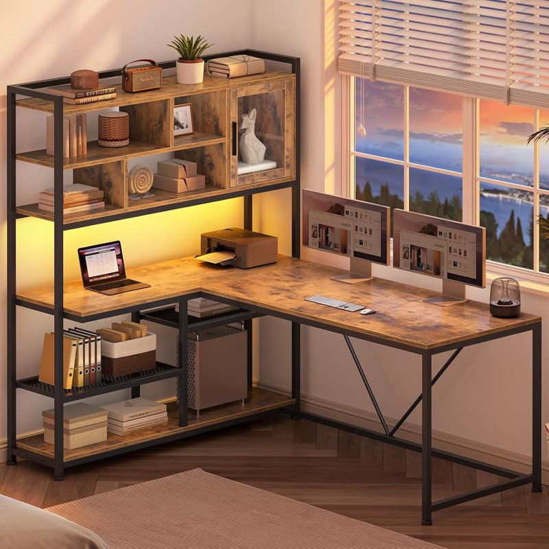 Shellsburg Modular L-Shaped Steel Computer Desk, Rustic Brown/Black