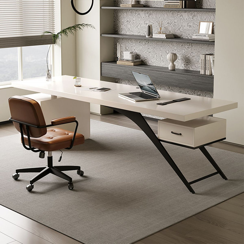 Bureau blanc rectangulaire en bois massif avec 1 tiroir, bureau