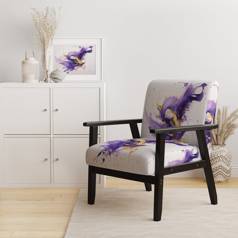Purple And Gold Splash - Velvet Upholstered Midcentury Modern Arm Chair, Black Square Arms